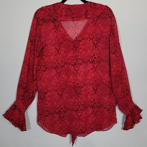 Vintage Chicos Sheer 100% Silk Button Up Shirt Size M/L Red Ruffle Goth Vamp Y2K - Picture 13 of 14